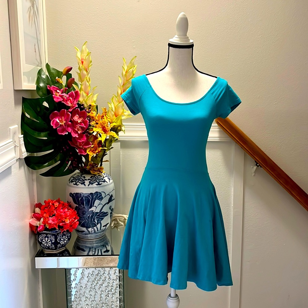 Soft Stretch Cotton Teal Blue Summer Sun Dress. Size S/M